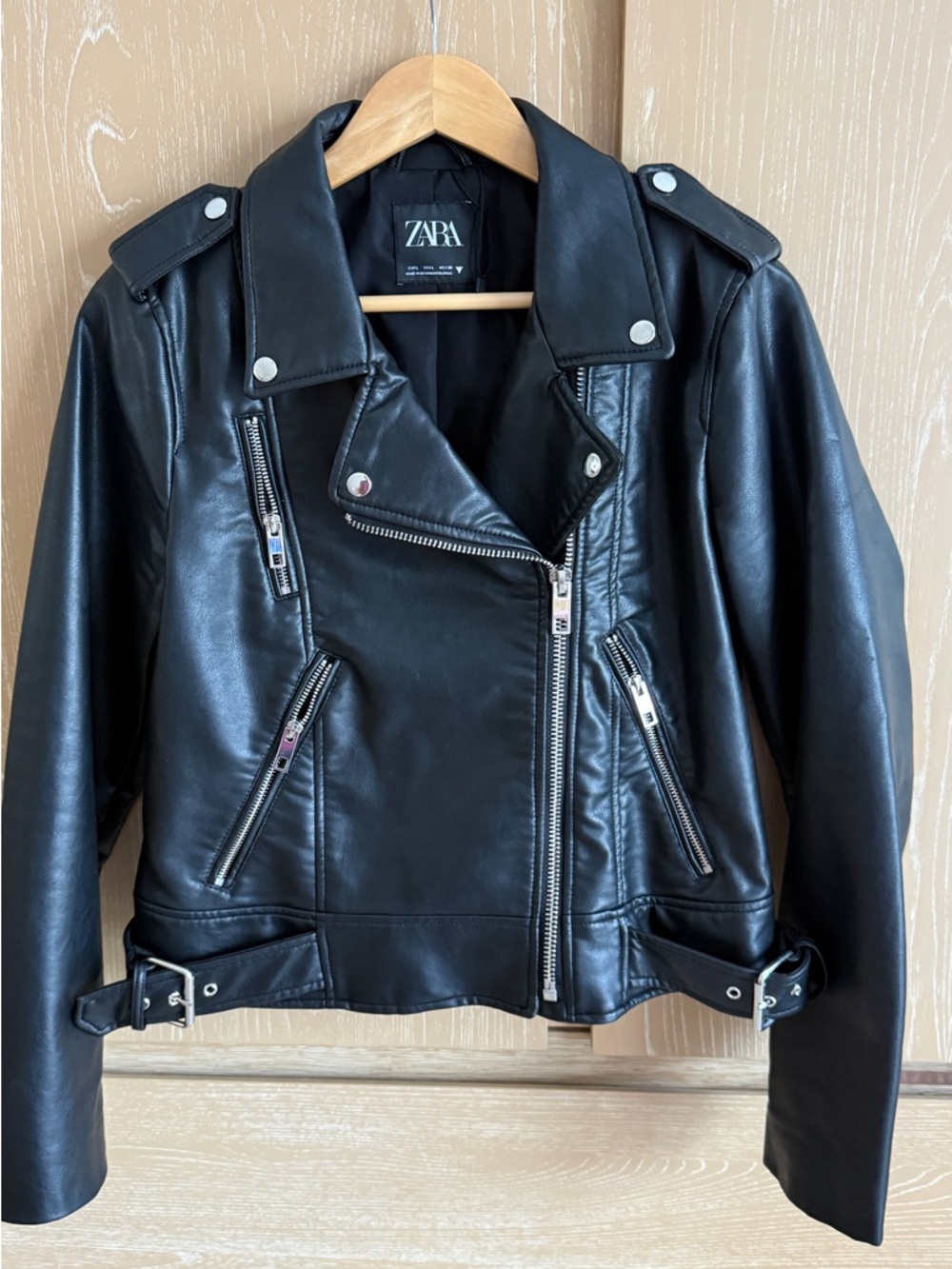 ZARA Black Faux Leather Biker Jacket with Silver Hardware